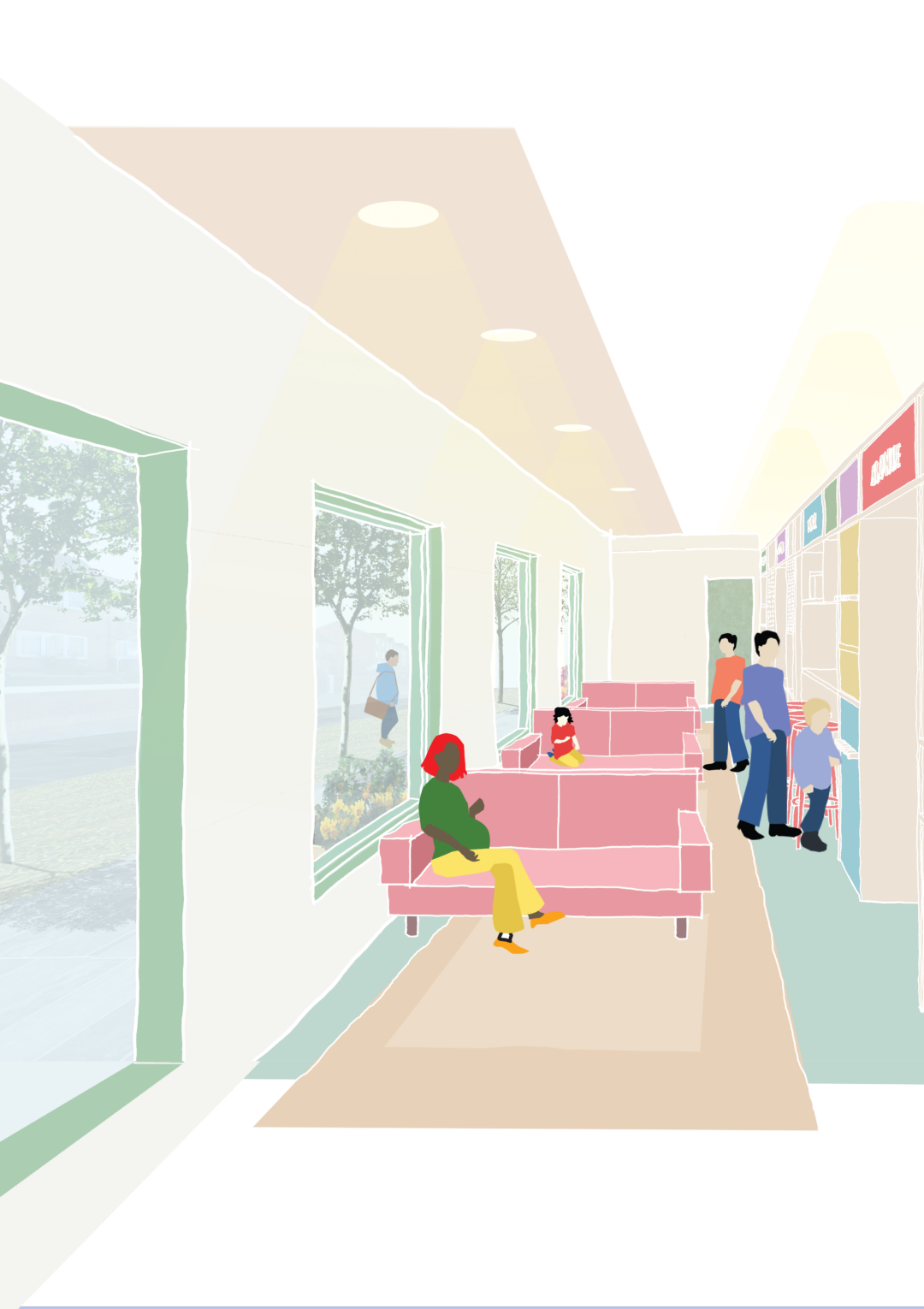 Architectural illustration of the new snug at The Bronte Youth and Community Centre based in Liverpool City Centre after their renovation in 2025 drawn by architects Harrison Stringfellow
