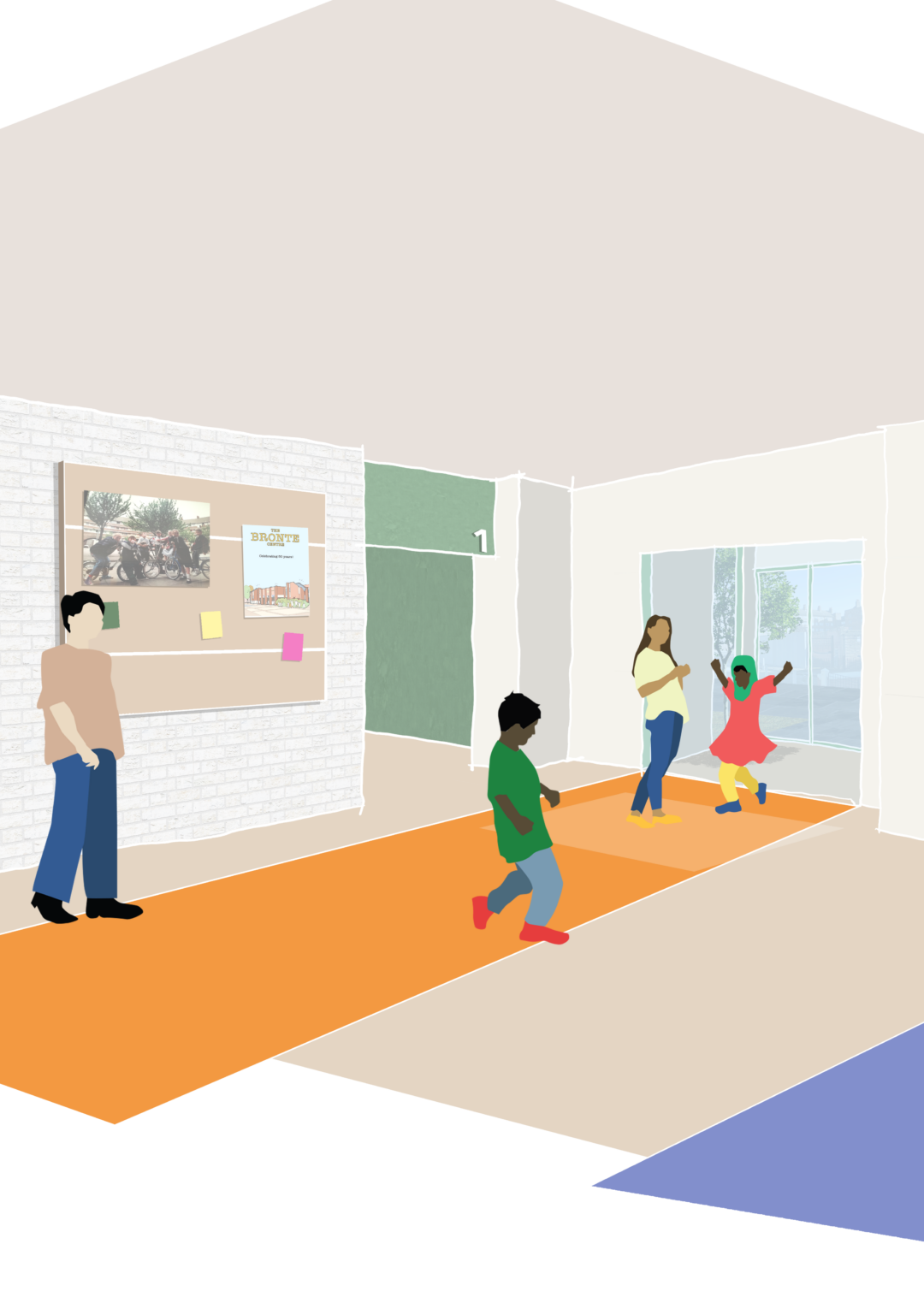 Architectural illustration of the new reception area at The Bronte Youth and Community Centre based in Liverpool City Centre after their renovation in 2025 drawn by architects Harrison Stringfellow