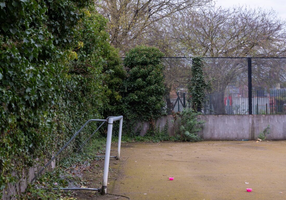 Goal post on the outdoor sports pitch at The Bronte Youth and Community Centre, the only sports pitch based in Liverpool City Centre available for rent