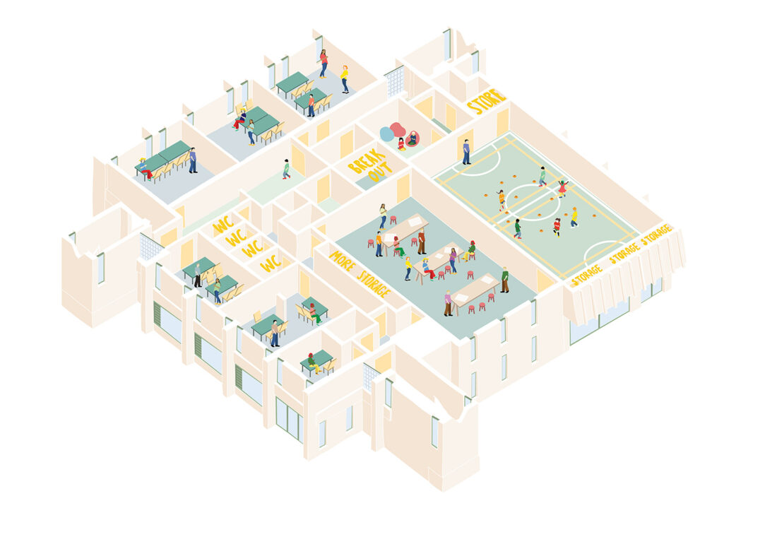 Detailed drawing of the birdseye view of newly renovated first-floor space at The Bronte Youth and Community Centre, illustrating the updated design and layout for enhanced community use. Based in Liverpool City Centre