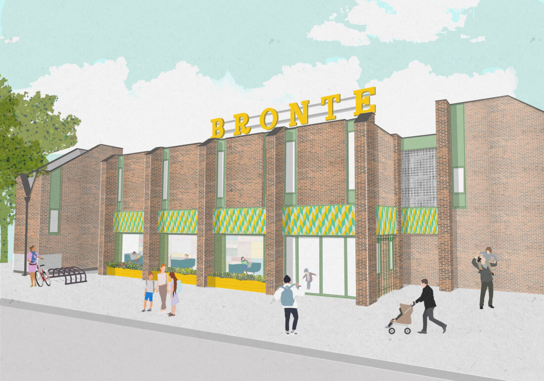 Architectural rendering of the redesigned front entrance from outside. This showcases the planned improvements to The Bronte Youth and Community Centre. Created by Harrison Stringfellow Architects