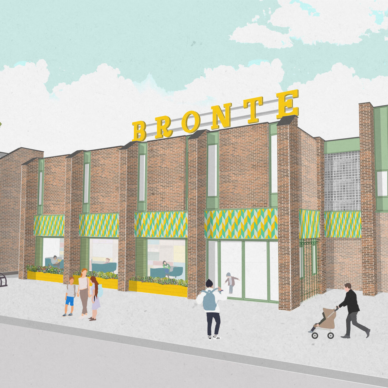 Architectural illustration of the new front entrance at The Bronte Youth and Community Centre based on Trowbridge Street near the Bullring in Liverpool City Centre
