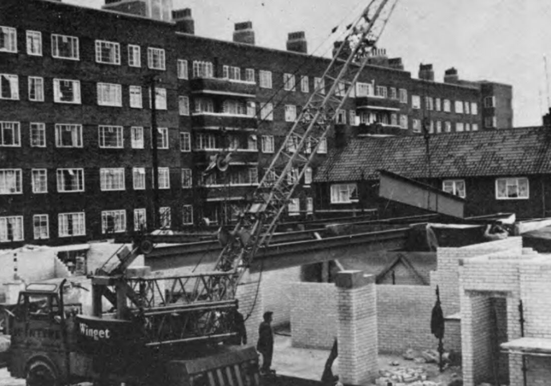 Black and white image of the Bronte Youth and Community Centre construction site before it opened in the 1970's with the Bullring in the background based in Liverpool City Centre