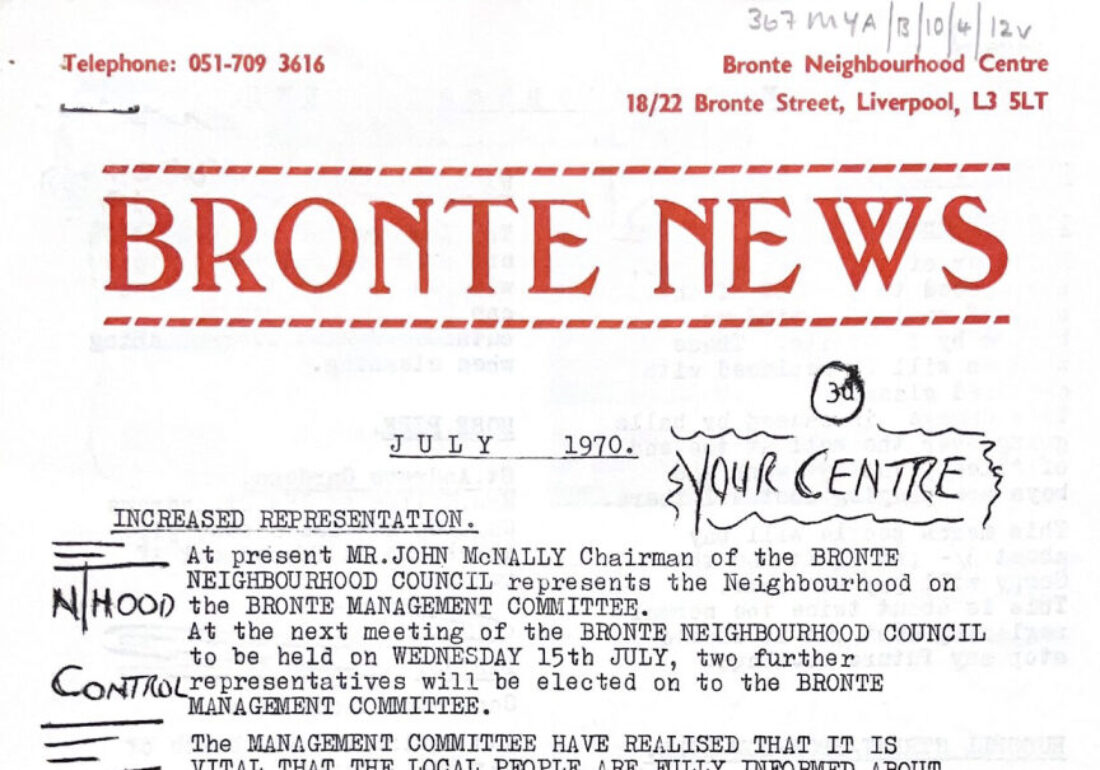 Historic photo of the Bronte News created by former members of The Bronte Youth and Community Centre in July 1970 based in Liverpool City Centre