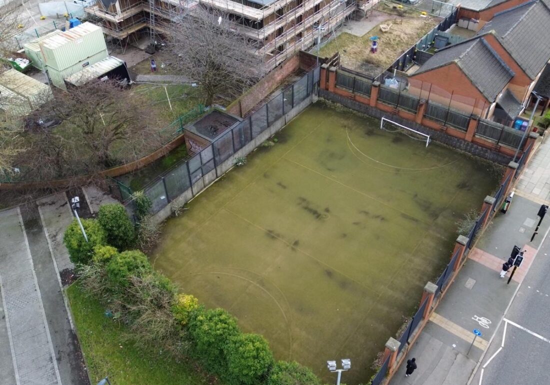 Right side aerial view of the pitch at The Bronte Youth and Community Centre, based in Liverpool City Centre, located next to John Moores University and the Bullring St Andrews Gardens