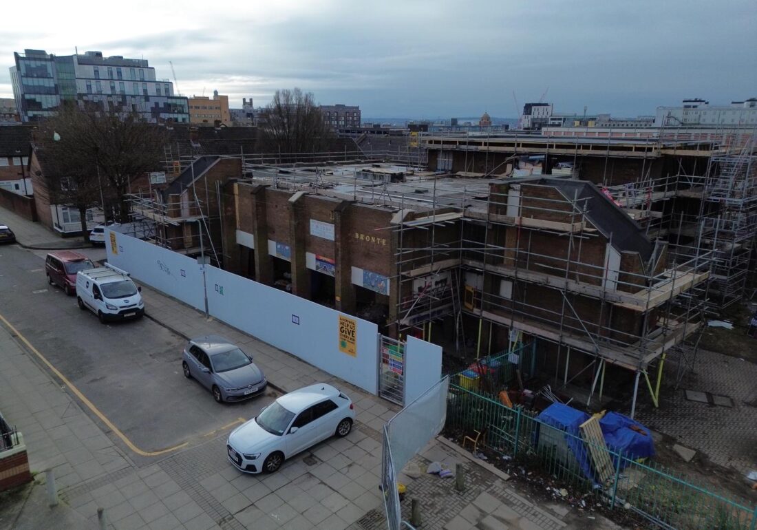 Right-side aerial drone images of the front entrance to The Bronte Youth with renovations currently undergoing outside. This front entrance is located off Brownlow Hill on Trowbridge Street