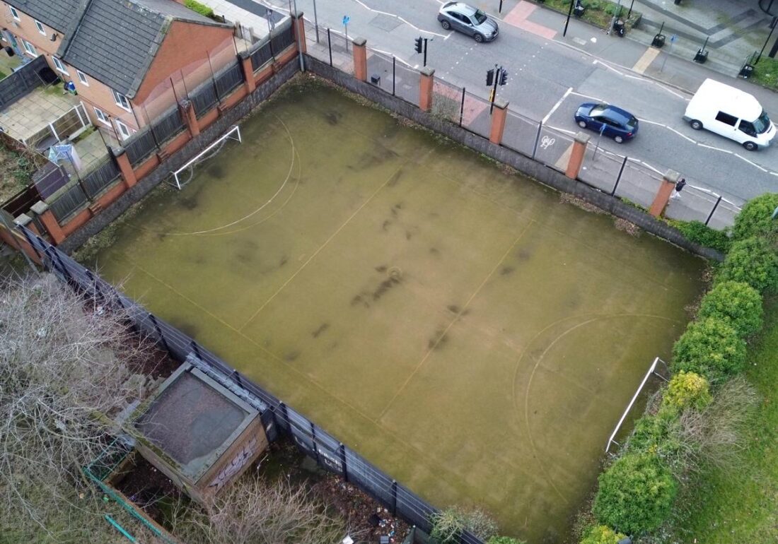 Left side aerial view of the pitch at The Bronte Youth and Community Centre, based in Liverpool City Centre, located next to John Moores University