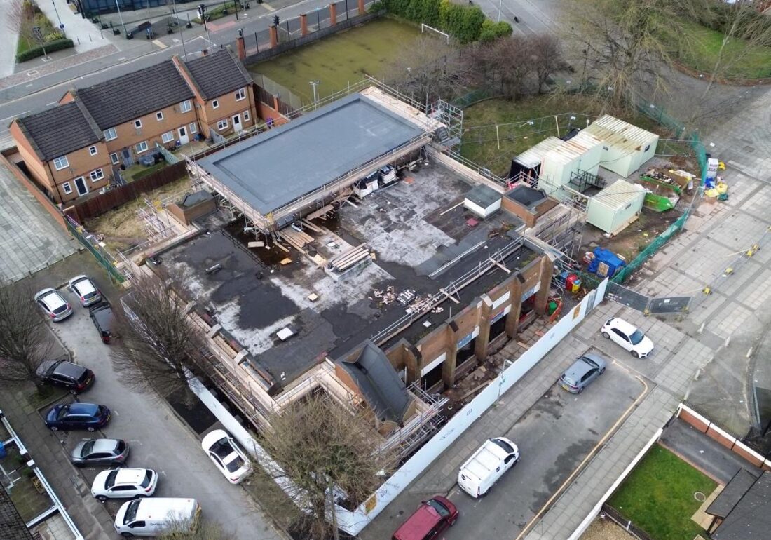 Left-side aerial drone images of the front entrance to The Bronte Youth with renovations currently undergoing outside. Located off Brownlow Hill, view of Lime Street station.