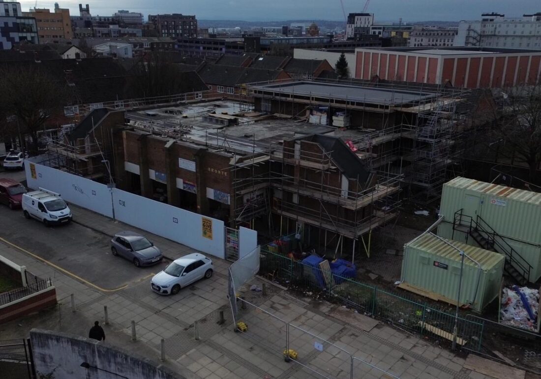 Right-side aerial drone images of the front entrance to The Bronte Youth with renovations currently undergoing outside. Based off Brownlow Hill near the Bullring